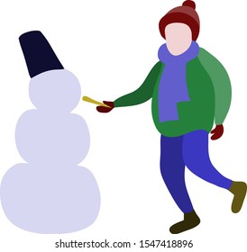 Snowman and kid making a snowman in winter  .Illustration of happy children  building snowman in hand drawn cartoon style. Winter season scene for festive.