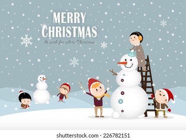 Snowman and kids making a snowman in winter C 