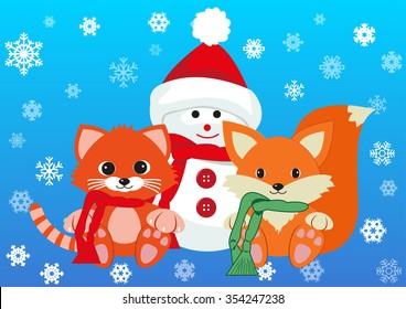 Snowman, kitten and fox wearing scarfs greet new year holding together. Design concept of friendship, new year and joy of seeing each other . Vector isolated on gradient blue background.