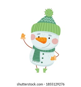 Snowman in Knitted Hat and Scarf Waving Hand Vector Illustration