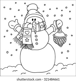 Snowman With A Lamp. Coloring Book.