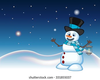 Snowman with a lantern and wearing a hat and a blue scarf  with star, sky and snow hill background for your design Vector Illustration