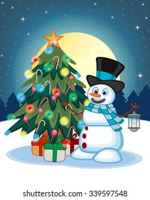 Snowman With A Lantern And Wearing A Hat And A Blue Scarf With Christmas Tree  And Full Moon At Night Background For Your Design Vector Illustration