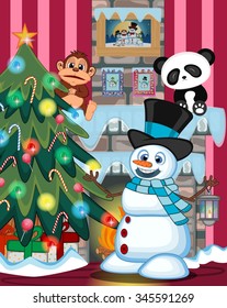 Snowman With A Lantern And Wearing A Hat And A Blue Scarf with christmas tree and fire place Vector Illustration
