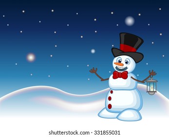 Snowman with a lantern and wearing a hat with star, sky and snow hill background for your design Vector Illustration