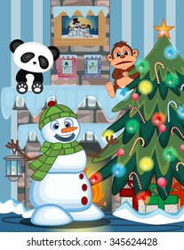 Snowman With A Lantern And Wearing A Head Cover And A Green Scarf with christmas tree and fire place Vector Illustration