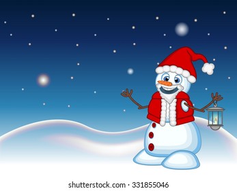 Snowman with a lantern and wearing a Santa Claus costume  with star, sky and snow hill background for your design Vector Illustration