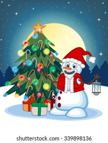  Snowman With A Lantern And Wearing A Santa Claus costume With Christmas Tree  And Full Moon At Night Background For Your Design Vector Illustration