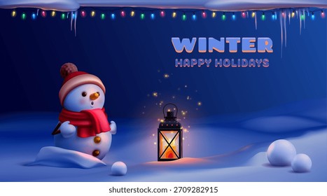 Muñeco de nieve con la linterna en el país de las maravillas del invierno bajo luces festivas