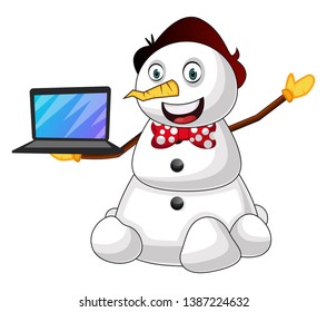 Snowman with laptop illustration vector on white background