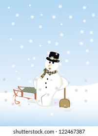Snowman leaning against the snow shovel