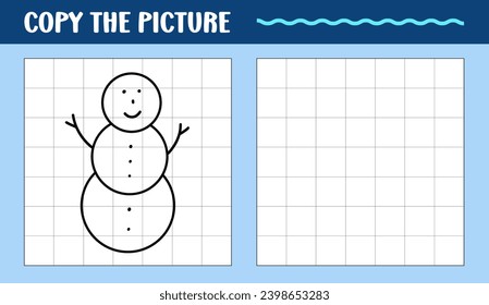 Snowman aprende a dibujar un juego educativo. Copie la hoja de trabajo imprimible de imagen para niños. Dibujos de invierno
