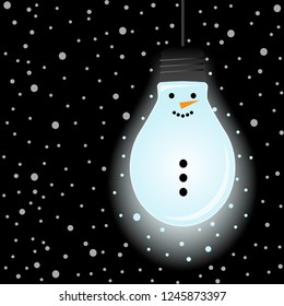 Snowman in light bulb shape. Snowy night background. Vector illustration.