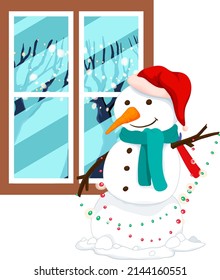 Snowman with lights by the window illustration