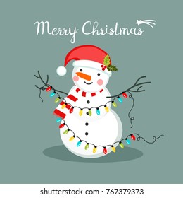 Snowman With Lights, Christmas Greeting Card, Vector Illustration