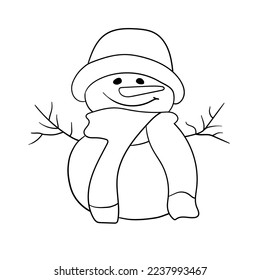 Snowman line art on a white background. New year sketch outline. Christmas vector illustration
