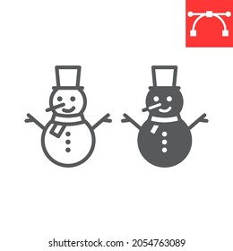 Snowman line and glyph icon, holiday and christmas, snowman vector icon, vector graphics, editable stroke outline sign, eps 10.