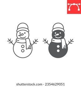 Icono de línea y glifo de Snowman, navidad y navidad navideña, icono vectorial de navidad, gráficos vectoriales de transporte invernal, símbolo sólido de trazo editable, eps 10.