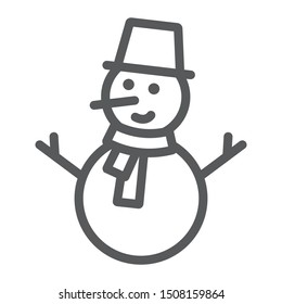 Snowman line icon, christmas and winter, snow sign, vector graphics, a linear pattern on a white background, eps 10.