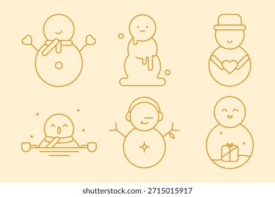 Snowman line icon set in various poses with scarf, hat, gift and Christmas theme, vector illustration