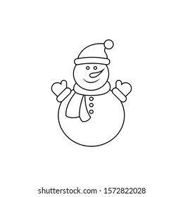 Snowman line icon vector illustration isolated on white background.
Friendly smiling snowman in scarf, hat and mittens. Cute cartoon character