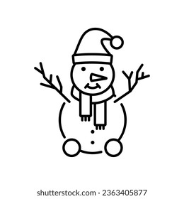 Snowman linear icon. Christmas, greeting card with snowman. Snowman black contour symbol. Christmas time festive decoration. Vector illustration flat design. Isolated on white background.