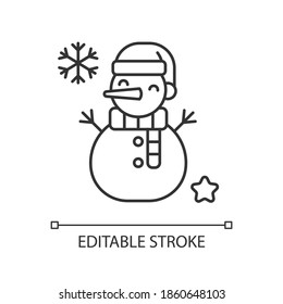 Snowman linear icon. Snow sculpture. Build with snowball. Christmas time festive decoration. Thin line customizable illustration. Contour symbol. Vector isolated outline drawing. Editable stroke