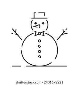 Snowman linear icon. Snow sculpture. Build with snowball. Christmas time festive decoration. Thin line customizable illustration. Contour symbol. Vector isolated outline drawing. Editable stroke