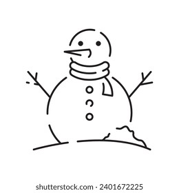 Snowman linear icon. Snow sculpture. Build with snowball. Christmas time festive decoration. Thin line customizable illustration. Contour symbol. Vector isolated outline drawing. Editable stroke