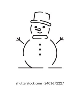 Snowman linear icon. Snow sculpture. Build with snowball. Christmas time festive decoration. Thin line customizable illustration. Contour symbol. Vector isolated outline drawing. Editable stroke