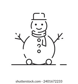 Snowman linear icon. Snow sculpture. Build with snowball. Christmas time festive decoration. Thin line customizable illustration. Contour symbol. Vector isolated outline drawing. Editable stroke