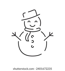 Snowman linear icon. Snow sculpture. Build with snowball. Christmas time festive decoration. Thin line customizable illustration. Contour symbol. Vector isolated outline drawing. Editable stroke