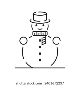 Snowman linear icon. Snow sculpture. Build with snowball. Christmas time festive decoration. Thin line customizable illustration. Contour symbol. Vector isolated outline drawing. Editable stroke