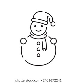 Snowman linear icon. Snow sculpture. Build with snowball. Christmas time festive decoration. Thin line customizable illustration. Contour symbol. Vector isolated outline drawing. Editable stroke