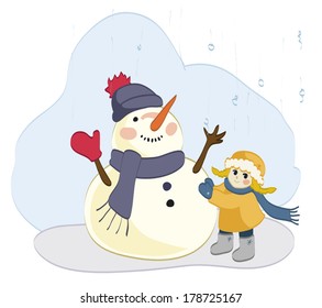 Snowman and little girl enjoyed the snow