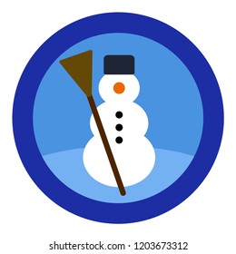 Snowman logo, blue sky, round blue frame. Simple isolated illustration on white background.
