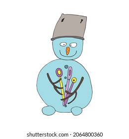 Snowman with lollipops in his hands. Vector illustration. Drawn by hand in a doodle style. Coloring pages for children and adults. Cartoon character. Isolated.