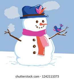 Snowman looking at bird vector