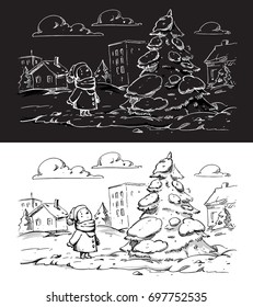 Snowman looking at a christmas tree Vector sketch