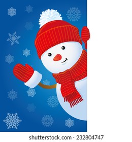 snowman looking out the corner, Christmas greeting card template, vector illustration