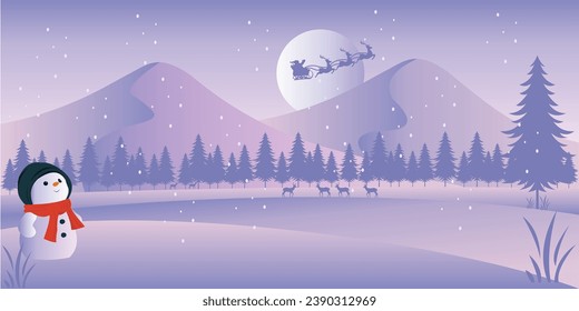 Snowman is looking at Santa Claus flying over the snow mountain with his magic reindeer