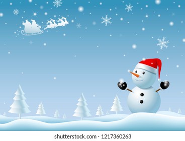 Snowman looking at santa clause at winter christmas background vector illustration