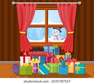 Snowman looks in living room window. Interior of room with gifts. Happy new year decoration. Merry christmas holiday. New year and xmas celebration. Vector illustration flat style .