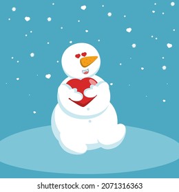 Snowman in love with hearts in his eyes and a big heart in his hands.