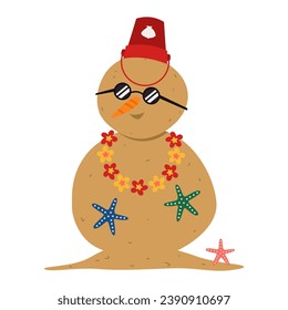 Snowman made of sand on white background. Christmas vacation