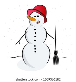 Snowman made of snow with hands made of branches and a red hat on his head. Snowman lady with a broom.