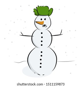 Snowman made of snow with hands made of branches and a green hat on his head. Snowman with a stern face.