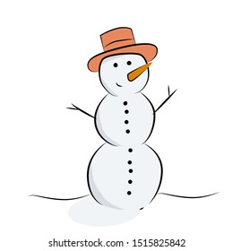 Snowman made of snow with hands made of branches in a hat. Cheerful snowman with a carrot nose.