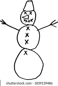 Snowman made of snow with hands made of branches in a hat. Cheerful snowman with a carrot nose.