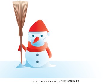 snowman make from snow waring mask and holding broom